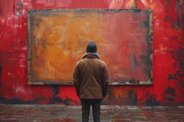 An onlooker studies a deeply textured red and orange abstract painting, suggesting exploration and passion