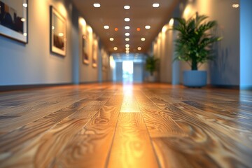 Poster - A corridor in an office building with wooden flooring and walls adorned with framed pictures, leading to a bright exit