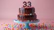 Birthday cake on a 33 years decorated with colorful sweets, chocolate, topper number thirty three on a pink background. 