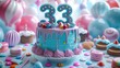 Birthday cake on a 33 years decorated with colorful sweets, chocolate, topper number thirty-three. Candy style