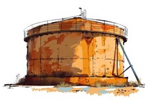 An Old Rusted Water Tank Sitting On Top Of A Field. Ideal For Industrial Or Rural Themes