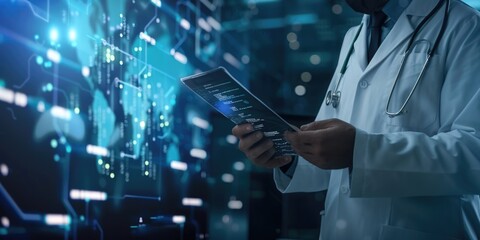 Poster - A man in a lab coat holding a cell phone. Suitable for scientific or technology concepts