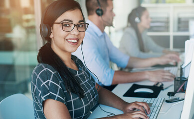 Poster - Call center, telemarketing and woman portrait at computer with customer service and crm. Conversation, smile and phone consultant at coworking office with headset and operator with web advice at desk
