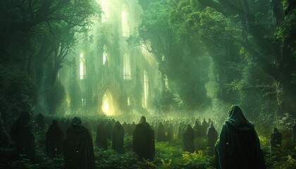 Wall Mural - a group of people are walking through a forest by ai generated image