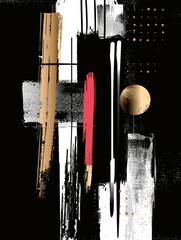 Poster - A black and white painting featuring a bold red stripe running vertically through the canvas, adding a striking contrast to the composition