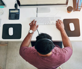 Poster - Call center, contact us and businessman in office top view consulting for crm, ecommerce or customer support. Above, workstation and telemarketing by lead generation consultant with b2b virtual help