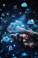 Poster - A hand holding a cloud with various icons coming out. Suitable for technology and communication concepts