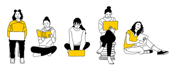 Linear vector illustration set of young girls reading books, working on laptop, watching online course, training. Education concept. Back to school. Outline drawing Isolated on transparent background.