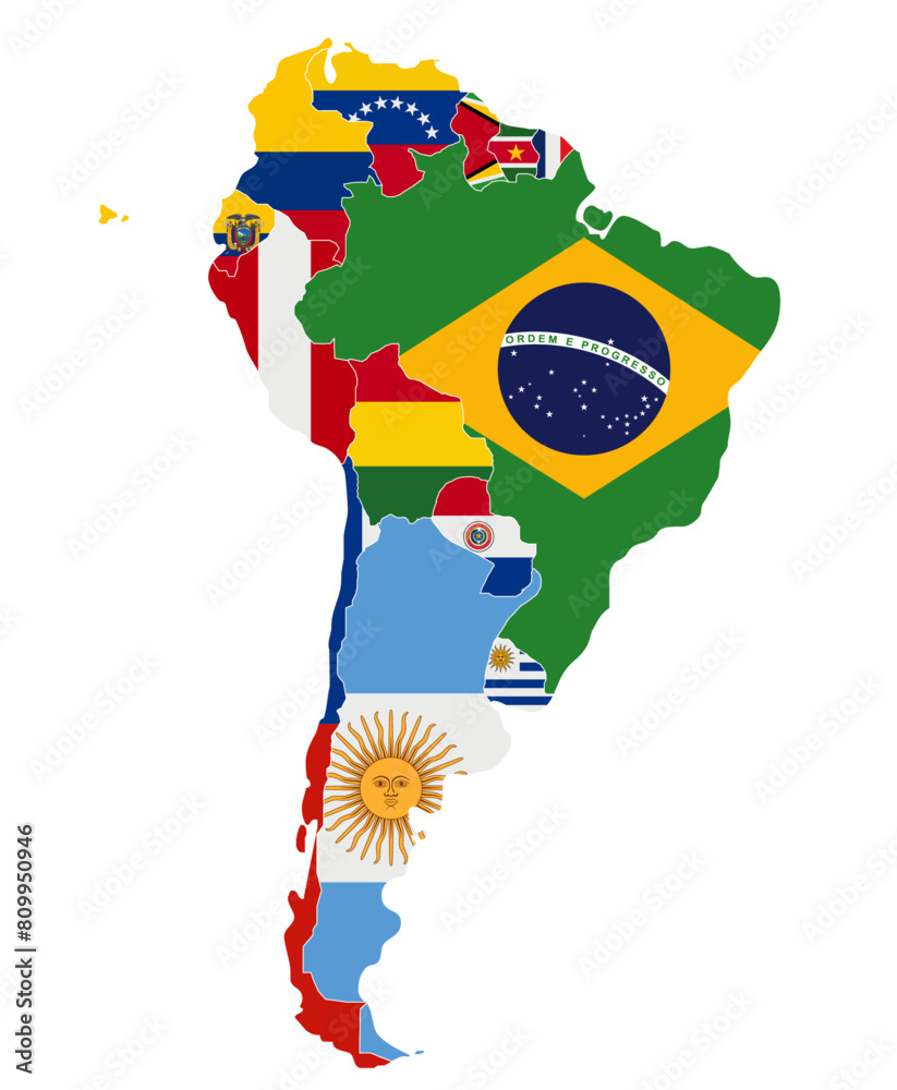 Black tone political map of South America with small flag icons placed on each country