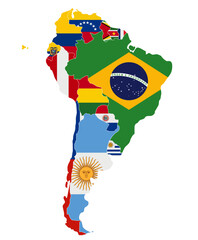 Sticker - Political South America Map vector illustration with the flags of all countries. Editable and clearly labeled layers.