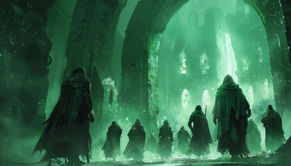 Wall Mural - a group of people are walking through a green, dark, and mysterious forest by ai generated image