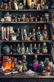 Fototapeta  - Illustration of occult magic magazine and shelf with various potions, bottles, poisons, crystals, salt. Alchemical medicine concept	