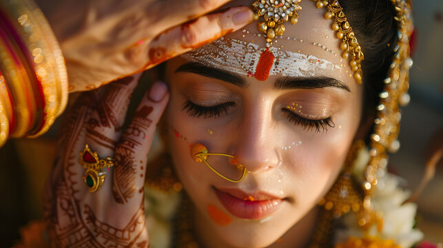 Woman in traditional attire with henna and jewelry