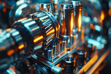 Wall Mural - Macro shot of a high-performance car engine, detailing pistons and valves, engineering precision visible 
