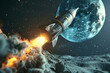 Macro shot of a screen displaying a Bitcoin rocket animation soaring towards a stylized moon 
