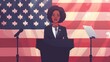 A young African American female politician deputy stands on a podium stage in front of a microphone and speaks to the public against the backdrop of the American flag. American election campaign conce