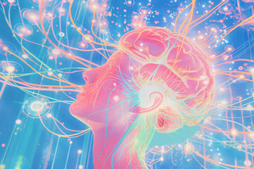 Poster - Digital art blend of human profile and brain circuitry symbolizing the fusion of artificial intelligence with human cognition