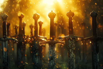 Poster - A collection of medieval swords turning into a forest of tall, straight beams of morning light,