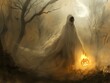 Ethereal Spirit Emerging from Eerie Fog Shrouded Forest with Glowing Pumpkin