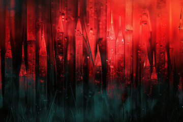 Poster - A series of spears visualized as sharp, elongated lines that cut through an abstract canvas, symbolizing reach and penetration,