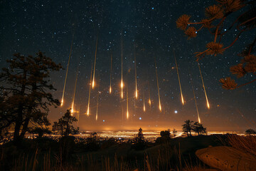 Poster - An artistic representation of spears as thin, straight beams of light projecting across a starry night sky,