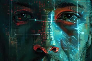 Poster - Close up of a person's face with a digital background. Suitable for technology and futuristic concepts