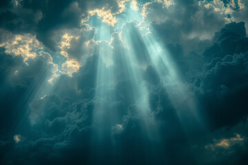 Poster - harpoons visualized as the rays of the sun breaking through clouds, each ray a pathway of light and 