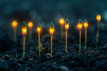 Poster - An array of spears depicted as growing plant stems, each stem reaching up and piercing through layers of earth to emerge into light,