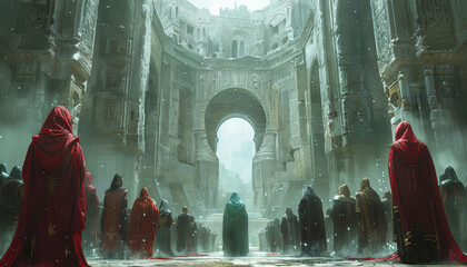 Wall Mural - a group of people are walking through a snowy, desolate landscape by ai generated image