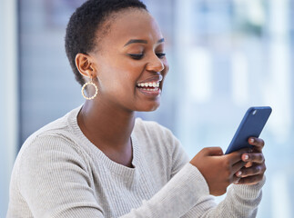 Poster - Cellphone, smile and typing and black woman, social media and scrolling for entertainment. Technology, communication and laugh or meme in home, comedy and smartphone for conversation on internet app