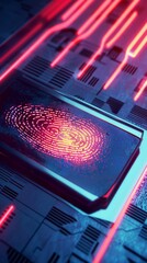A biometric fingerprint scanner, distorted with glitches, the fingerprint pattern corrupted and pixelated