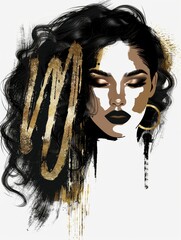 Wall Mural - A portrait of a womans face adorned with intricate gold paint details against a black background
