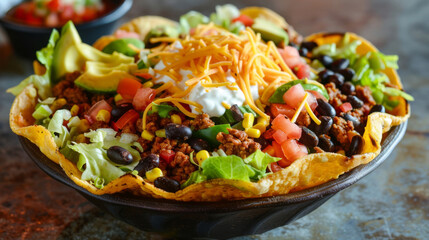 Wall Mural - Delicious taco salad with lettuce, seasoned ground beef, black beans, cheese, and avocado, presented in a crispy tortilla bowl