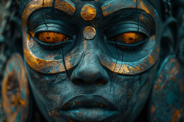 Poster - An intricate symbol of a warriorâ€™s face mask, with eyes that are stylized suns, emphasizing vision and enlightenment,