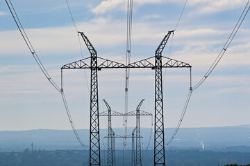 Wall Mural - Morning landscape with pylons for high voltage transmission line in the Czech Republic