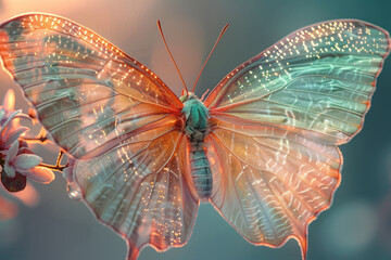Leinwandbilder - Close-up illustration of a butterfly with wings that gradient from pastel pink to light green,