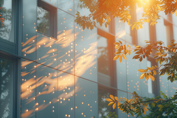 Poster - Architectural rendering of a modern building facade with a gradient and dynamic patterned shadows,