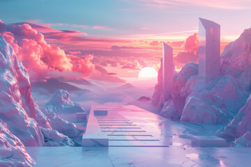 Poster - Concept art for a virtual reality environment with a gradient sky and interactive geometric objects,