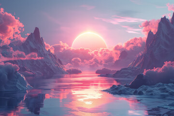 Poster - Concept art for a virtual reality environment with a gradient sky and interactive geometric objects,