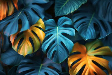 Leinwandbilder - Digital wallpaper design with a vibrant gradient from lime green to turquoise highlighted by overlapping tropical foliage,