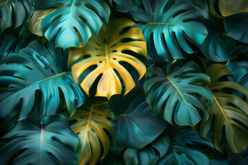 Aufkleber - Digital wallpaper design with a vibrant gradient from lime green to turquoise highlighted by overlapping tropical foliage,