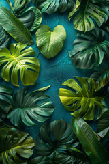 Aufkleber - Modern textile pattern with a green to blue gradient background and scattered tropical leaves for a lush feel,