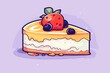 slice of cheesecake with strawberries and blueberries. The cheesecake is on a purple background. The illustration is simple and has a flat color style.