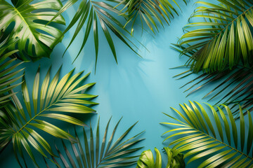 Aufkleber - Tropical themed party invitation with a gradient background from sea green to sky blue, decorated with palm leaves,