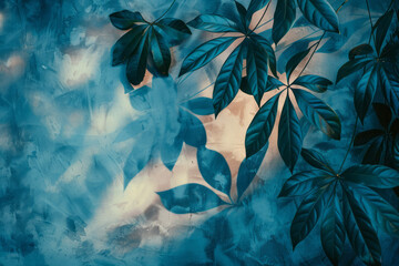 Leinwandbilder - Contemporary art piece with a gradient from teal to sapphire blue, incorporating abstract tropical leaf patterns,