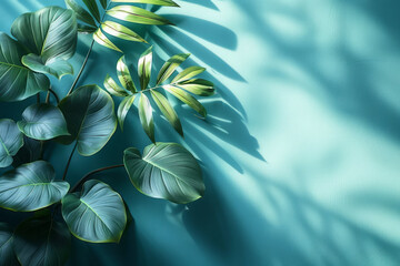 Leinwandbilder - Tranquil spa brochure background featuring a gradient from green to blue with gentle tropical leaf shadows,