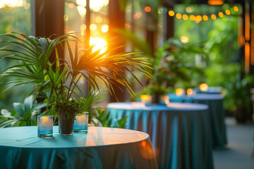 Poster - Elegant wedding decor with tablecloths featuring a gradient from aqua to indigo, topped with tropical leaf centerpieces,