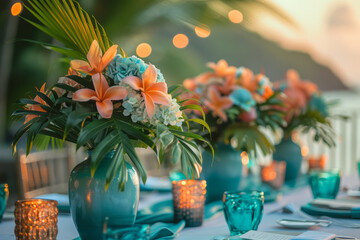 Poster - Elegant wedding decor with tablecloths featuring a gradient from aqua to indigo, topped with tropical leaf centerpieces,