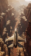 Wall Mural - F-16 engaged in a low-altitude chase through a narrow canyon, sunlight glinting off its metallic body