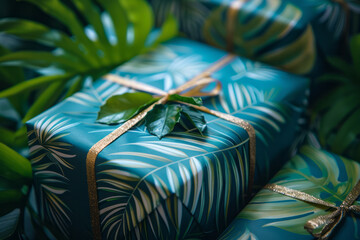 Poster - Gift wrapping paper with a festive green to blue gradient and bold tropical leaf prints,